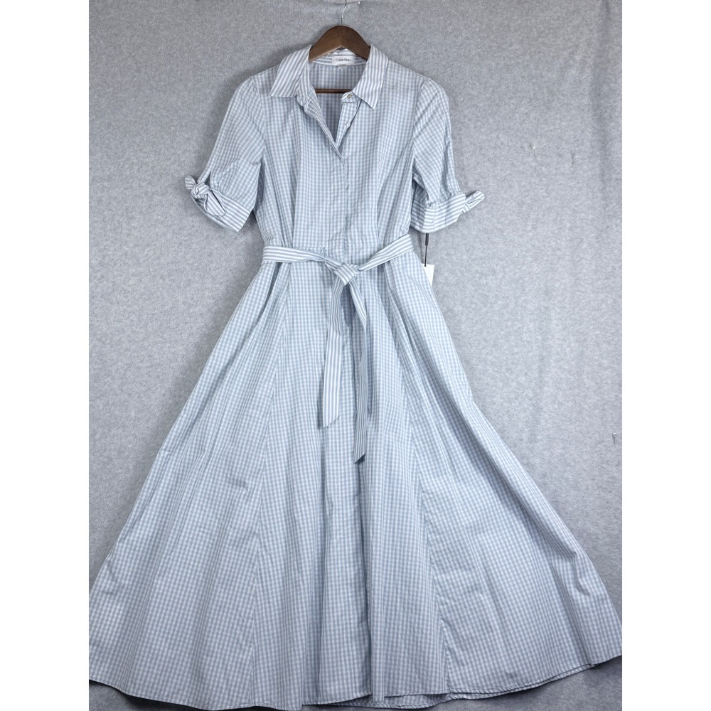Calvin Klein Gingham Maxi Shirt Dress Womens 6 Blue New Tie Waist Cuffed Pockets
